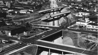 1965 photo of Rose Quarter freeway interchange in Portland, Oregon.